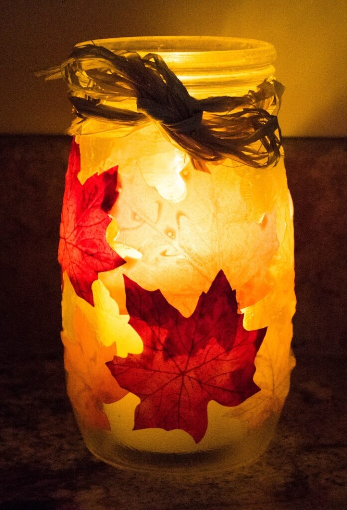 Easy Fall Craft | Glass Jar Candle Holder Using Mod Podge & Leaves!