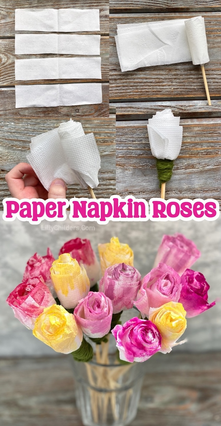 Fun and easy rainy day craft idea! These homemade paper napkin roses are an awesome project to make at home for older kids, teens, and adults! They make for stunning party decorations, spring home decor, Easter decorations, or a beautiful homemade Mother's Day gift. 