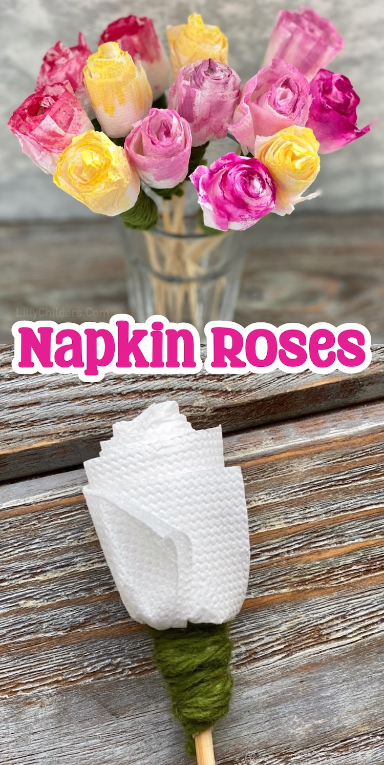 How to make a rose bouquet with napkins! If you're looking for easy flower crafts to make when bored, these napkin flowers are easy to make for teens, adults, and older kids who love to get crafty. A fun and entertaining craft on a rainy day!