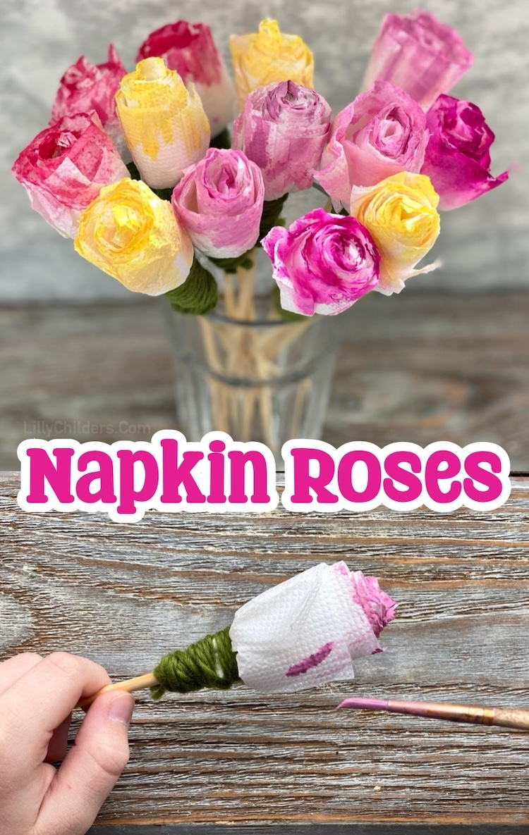 Paper Napkin Roses | Step by step instructions on how to make craft flowers with napkins, yarn, and skewers! This impressive craft is surprisingly easy to make and makes for a wonderful gift idea for Mother's Day, Valentine's Day, Easter, or anytime you want to do a spring project. 