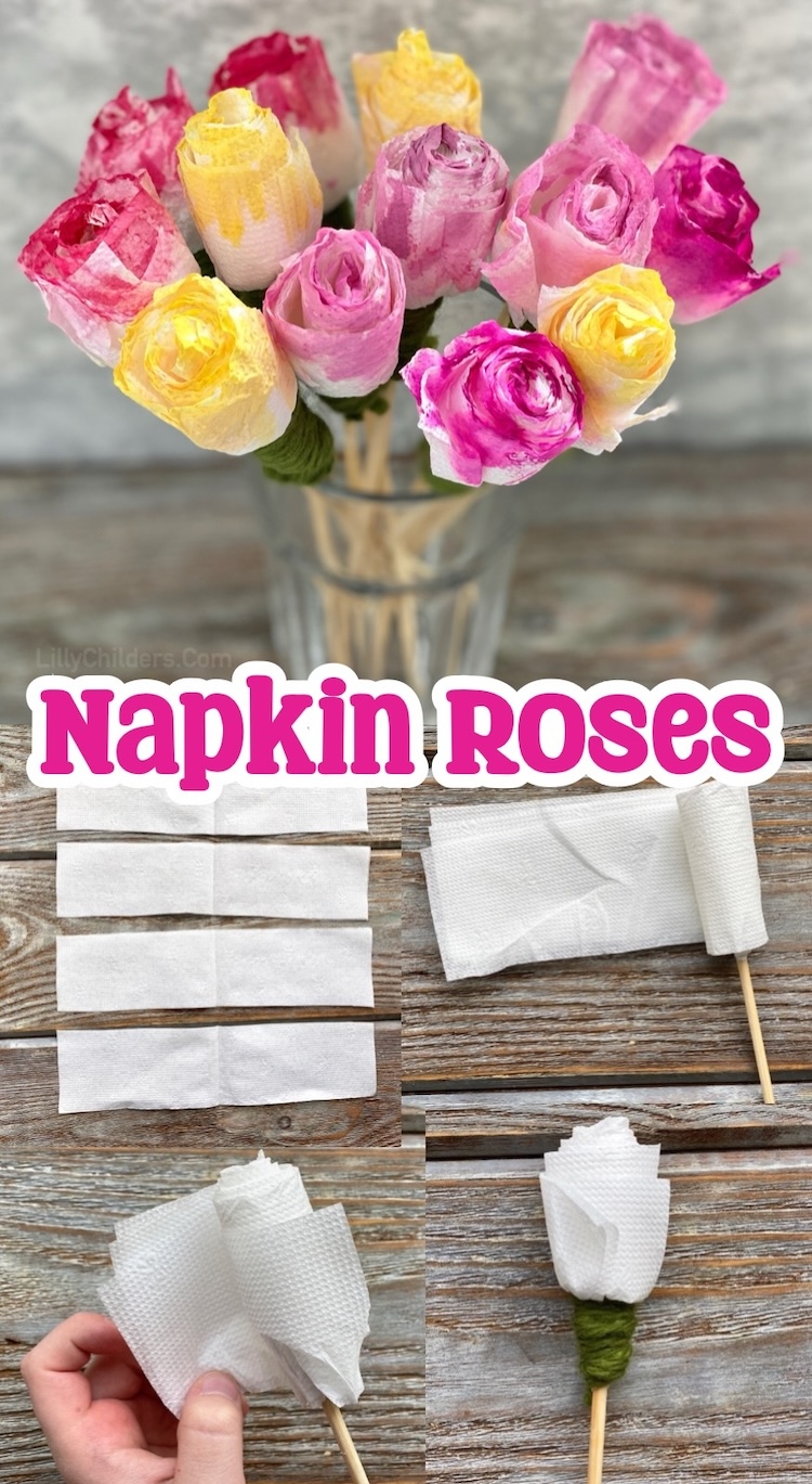 Napkin Roses with an easy to follow tutorial! If you're looking for easy craft projects for adults to make at home, these awesome paper flowers are simple to make with supplies you probably have at home: paper napkins, wooden skewers, yarn, and paint. 