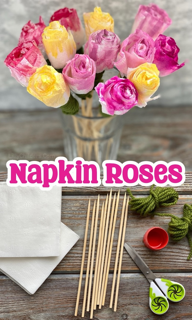 Mother's Day or Valentine's Day gift idea! How to make a rose bouquet with paper napkins. A cheap and easy craft project for kids and adults to make with basic supplies. If you're looking for homemade gift ideas, these paper flowers look stunning!