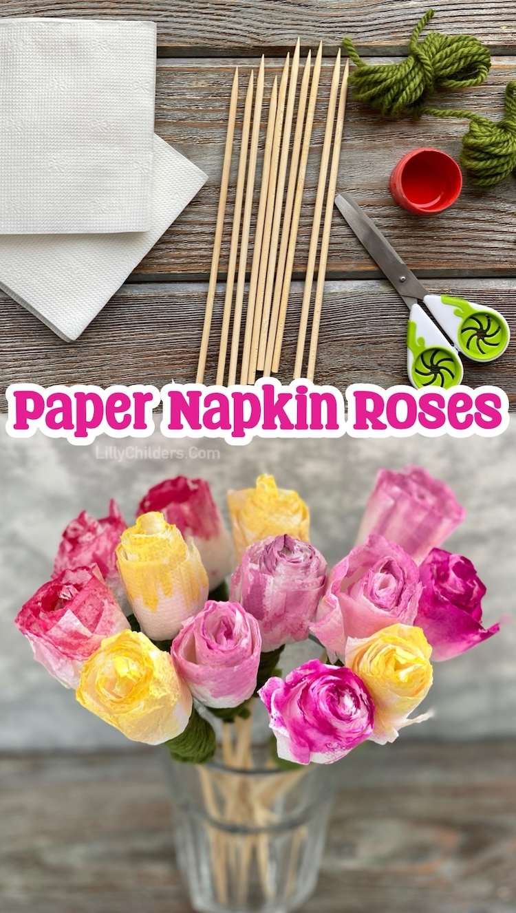 DIY Step-by-Step Tutorial on how to make Paper Roses with napkins, wooden skewers, yarn, and paint. A fun and easy flower craft for kids and adults of all ages! This simple spring time craft makes for lovely home decor, party decorations, or a handmade gift for mom, grandma, or your favorite aunt. 