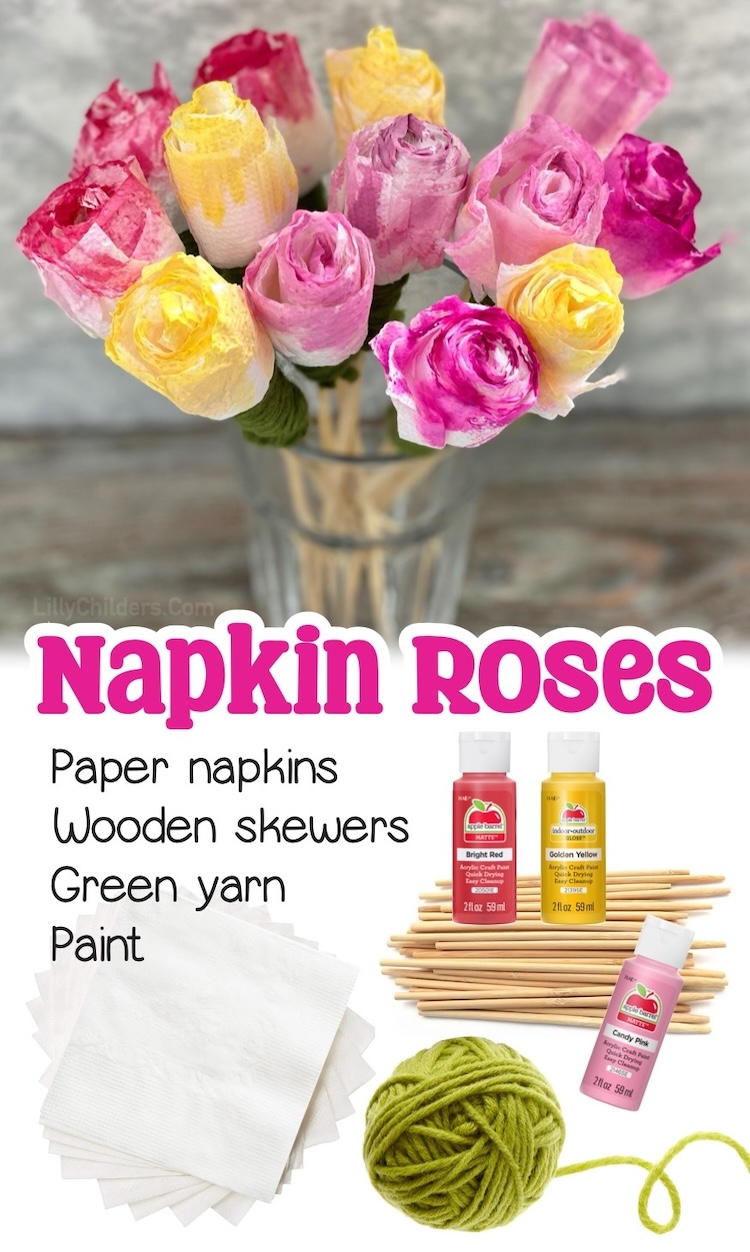 How to make gorgeous paper roses with white napkins, yarn, skewers, and paint! Complete with a step by step tutorial and lots of instructional photos. This easy craft is a great rainy day activity for adults and older kids such as teenagers. 