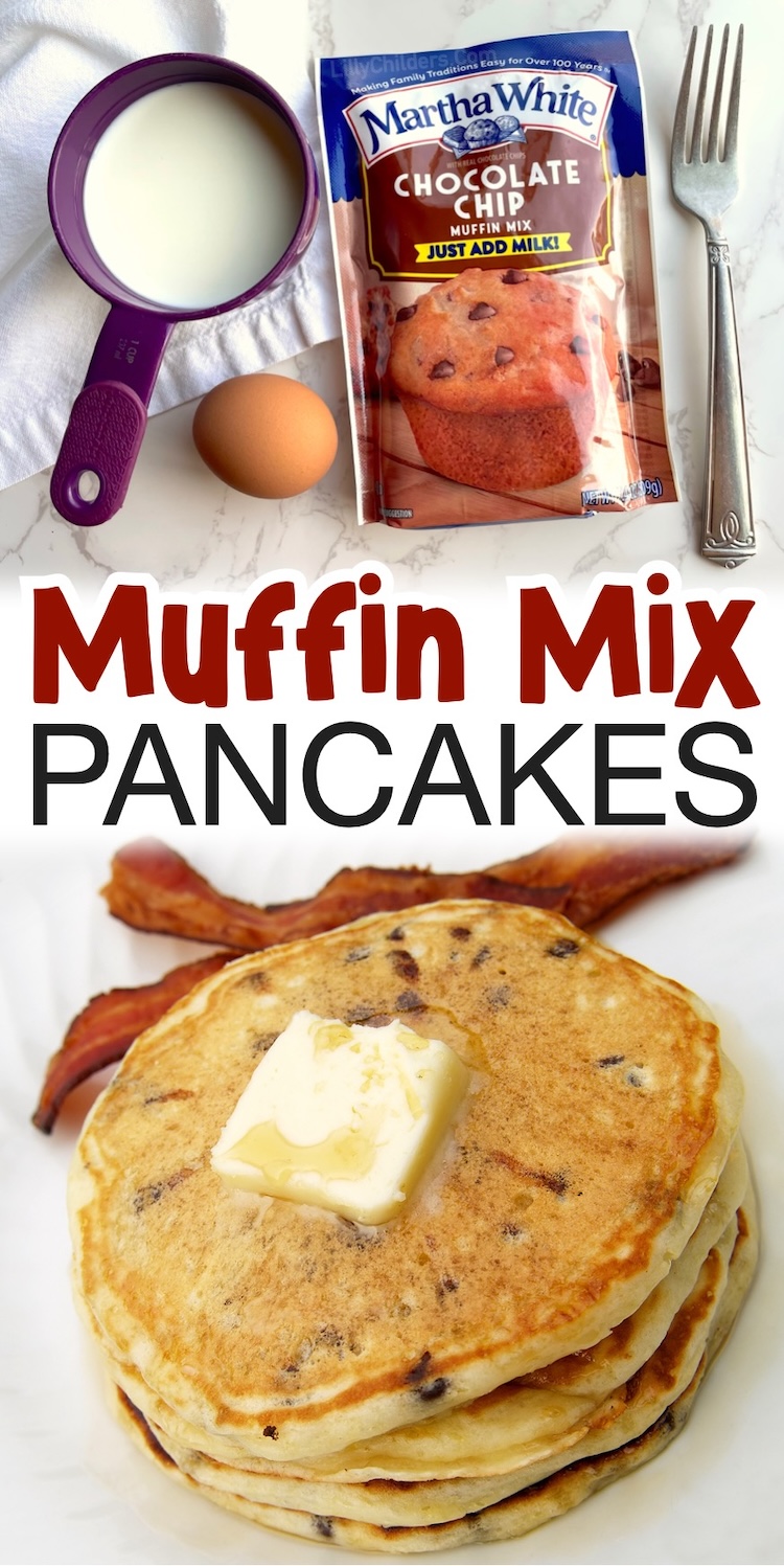 Yummy breakfast recipe for kids! This is how you make flavorful pancakes out of a bag of muffin mix. Try them in all of the delicious flavors! As a busy mom, this is one of my favorite food hacks. 