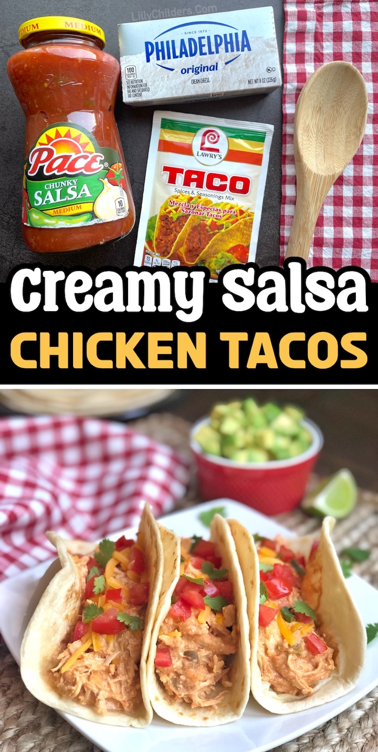 Delicious family dinner idea! Make these creamy salsa shredded chicken tacos for your family and thank me later. This kid friendly dinner is versatile, easy to make in your slow cooker, budget friendly, and only requires a few basic ingredients. 