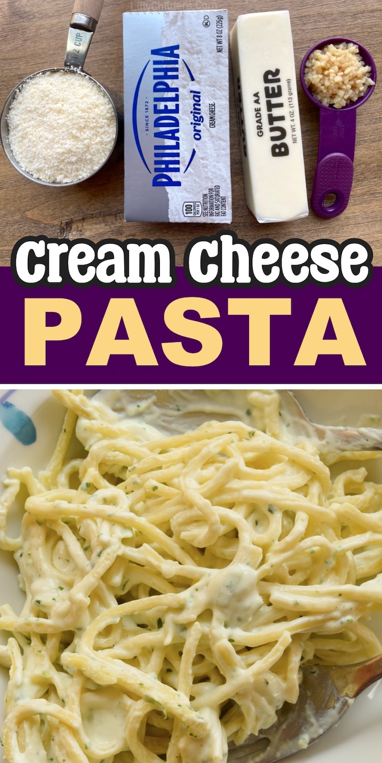 So yummy and easy to make in less than 10 minutes! Ingredients needed to make this yummy homemade sauce: cream cheese, butter, parmesan, garlic, pasta water, and the seasoning of your choice. Toss with your favorite pasta for the ultimate comfort food! We love it with chicken or sausage with broccoli. My picky kids go crazy for this easy pasta recipe! So tasty and quick to make!