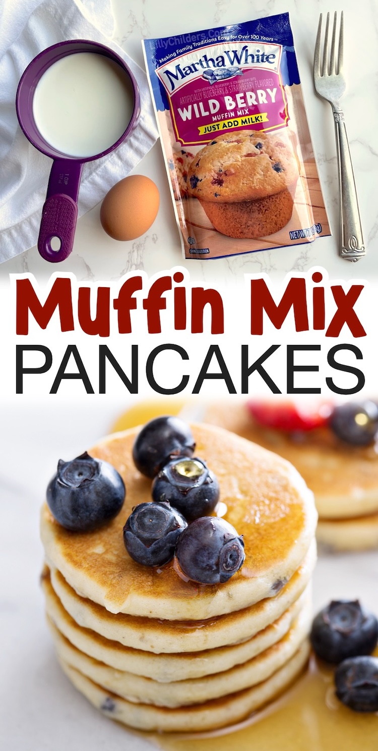 Food Hack: How to make delicious pancakes out of muffin mix! This fun breakfast idea is perfect for feeding two people. My kids love it because there are so many flavor options, and I love it because they are so quick and easy to make on busy school mornings!