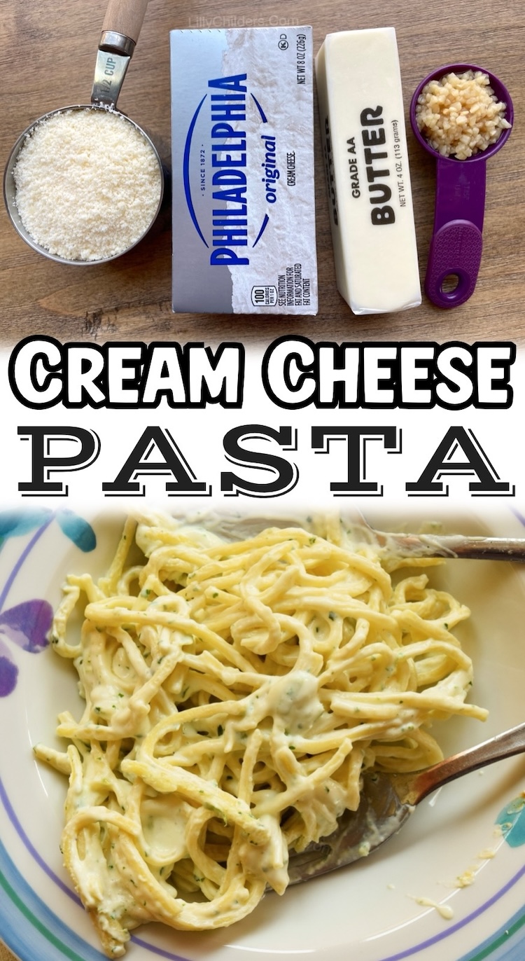 If you're looking for easy pasta recipes to make at home for your family, try this delicious cream cheese sauce made with just a few basic ingredients! Your picky eaters are going to love it! It's vegetarian but you can also toss in some sausage, chicken, steak, or veggies. 