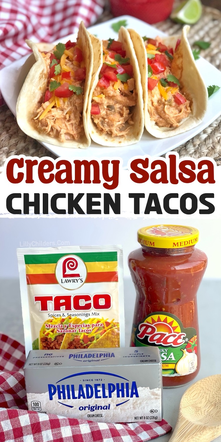 If you're searching for easy chicken dinner recipes to make for your family, try these creamy salsa shredded chicken tacos! They are simple to make in your crock pot with just a few basic and cheap ingredients. A tasty meal for busy school nights that can be customized to your liking. 