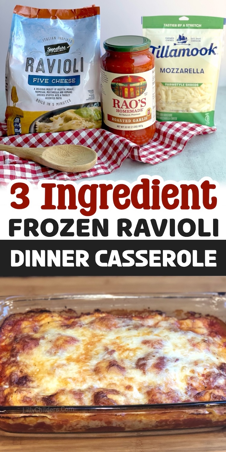 This quick and easy budget dinner recipe is a family favorite meal for busy school nights! It's versatile, kid friendly, and only takes 5 minutes to prepare with just 3 ingredients: frozen ravioli, pasta sauce, and cheese. It's naturally vegetarian but you can also add meat or veggies to the layers!