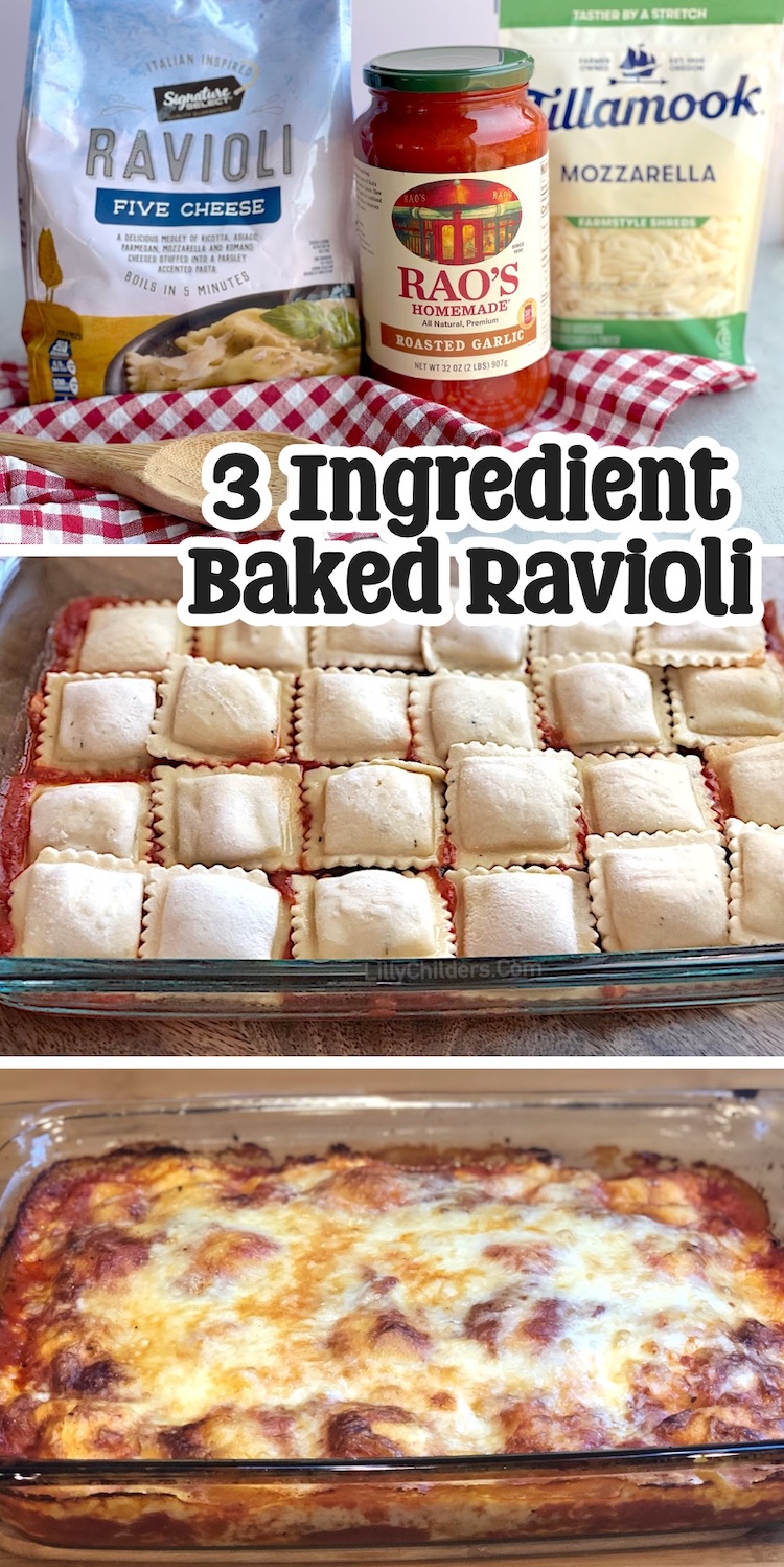 This 3 ingredient baked ravioli is a quick and easy dinner recipe your picky kids are going to love! Feeding a large family with kids isn't easy, especially on hectic School nights. This simple dinner is a real time saver and everyone loves it! It's also great leftover for dinner the next day. 