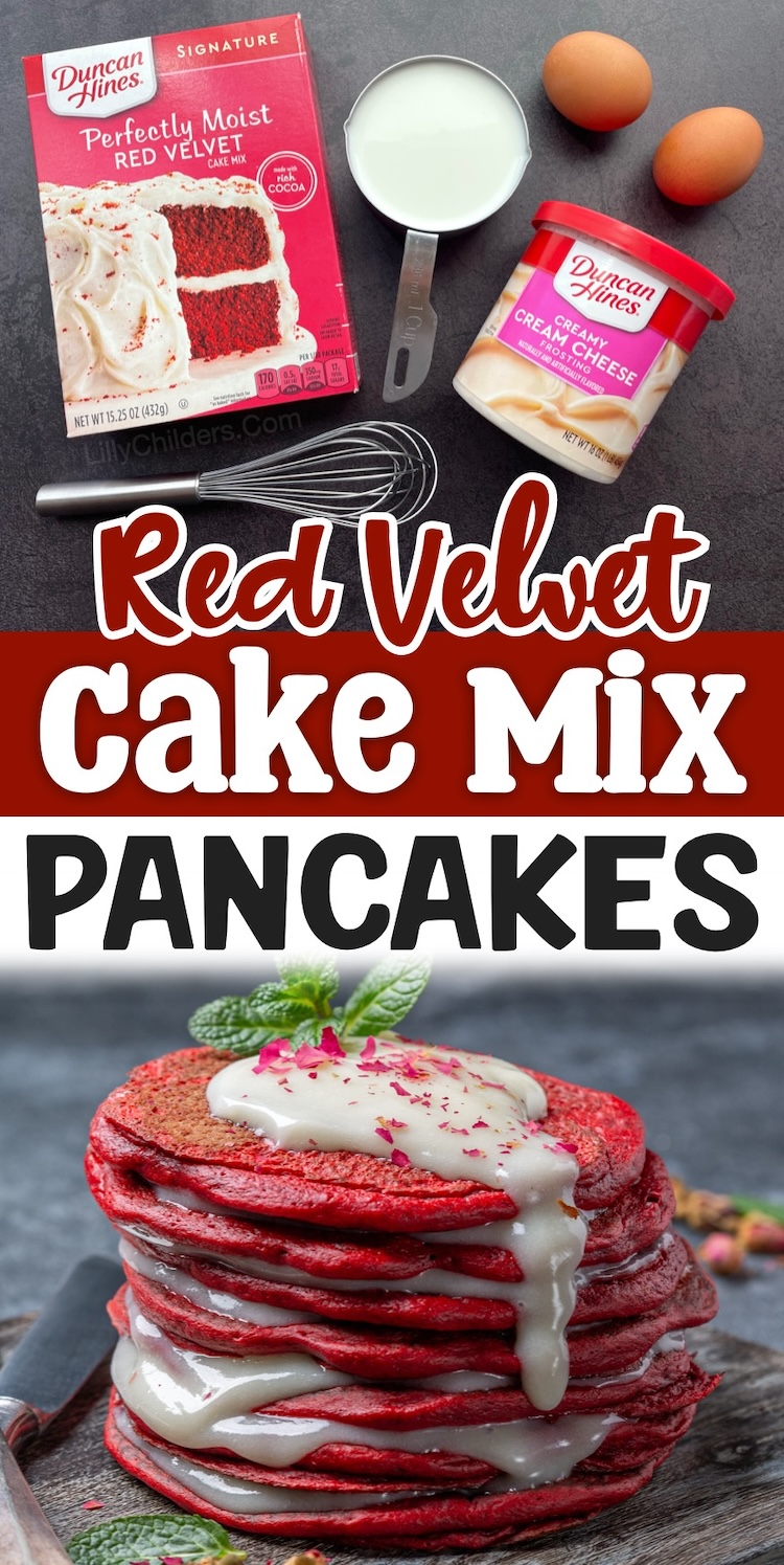 How to make red velvet pancakes with cake mix! Plus any other flavor that you'd like. Simply pick up a box of cake mix and make a sweet pancake batter with just a cup of milk and two eggs. This yummy breakfast idea is great for kids, Christmas, holidays, birthdays, family gatherings, and more. 