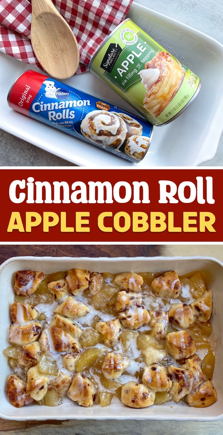 Quick and Easy Cinnamon Roll Apple Cobbler Dessert made with just a few ingredients! This easy dessert is a huge hit with my family over the holidays. It's great for dessert served with ice cream or for breakfast with whipped cream. My kids love it! Just pick up a tube of Pillsbury cinnamon rolls and a can of apple pie filling at the store. This treat only takes about 5 minutes to prepare!