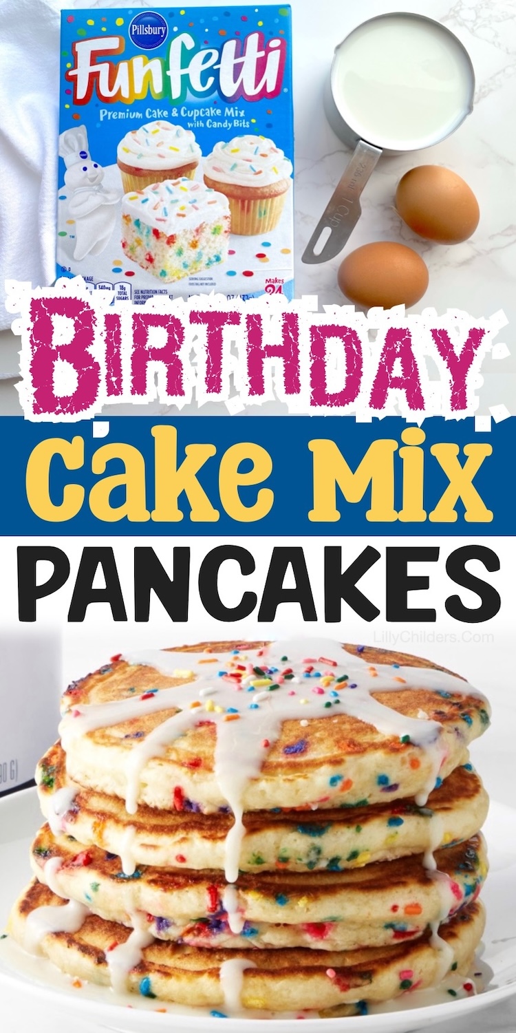 Are you looking for fun birthday breakfast ideas? Try making yummy pancakes with Funfetti cake mix! They are so simple to make with just a box of store bought cake mix, milk, and eggs. Top with frosting, sprinkles, and a few candles for the ultimate birthday morning surprise. 