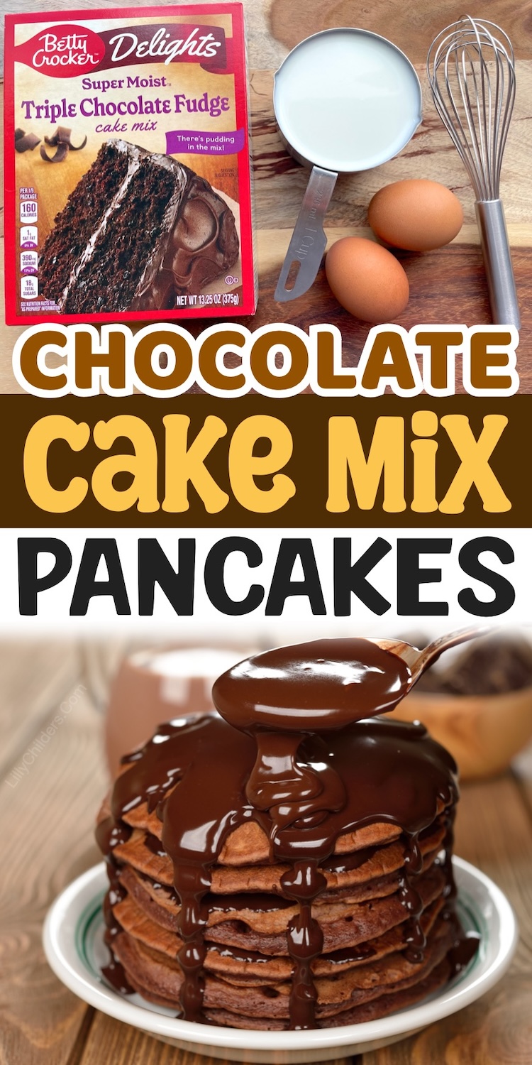 How to make sweet chocolate pancakes with a box of cake mix! This delicious breakfast is a huge hit with my kids. They are great for sleepovers and holidays! Anytime you're celebrating something special, make these easy pancakes for breakfast. Any chocolate lover is going to love this treat for breakfast. 