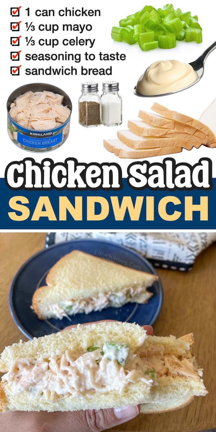 Looking for quick and easy lunches to make for at home or work? Try this cold chicken salad sandwich! It's a simple classic recipe made with just canned chicken, mayo, celery, and the seasoning of your choice. A great make ahead budget meal made with just a few basic pantry staples. It's also great for last minute dinners when you're too busy to cook or grocery shop. 