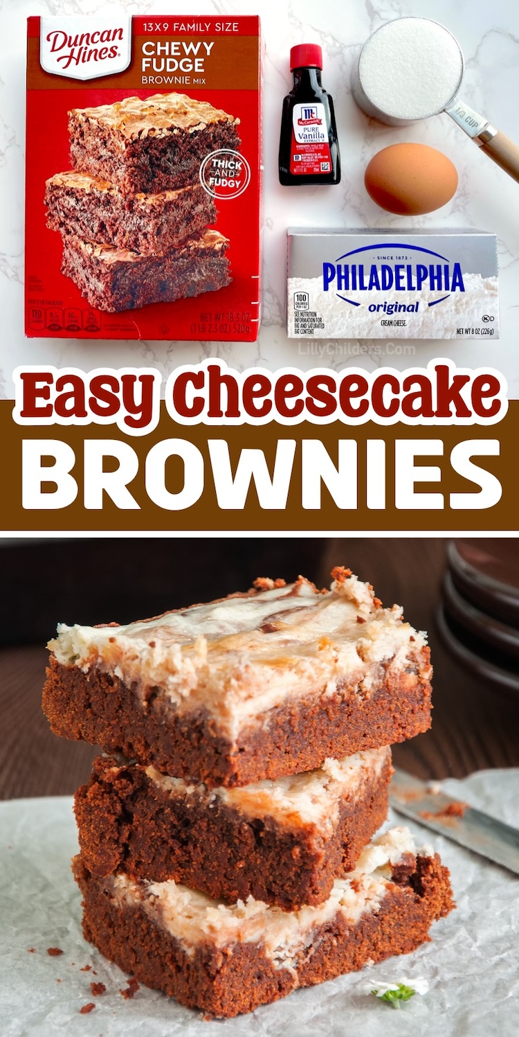 How to make the best chocolate brownies! Simply swirl on a mixture of cream cheese and sugar to make yummy cheesecake brownies. This gooey dessert is super fast and easy to make with just a handful of pantry staples. Serve them up at your next family gathering!