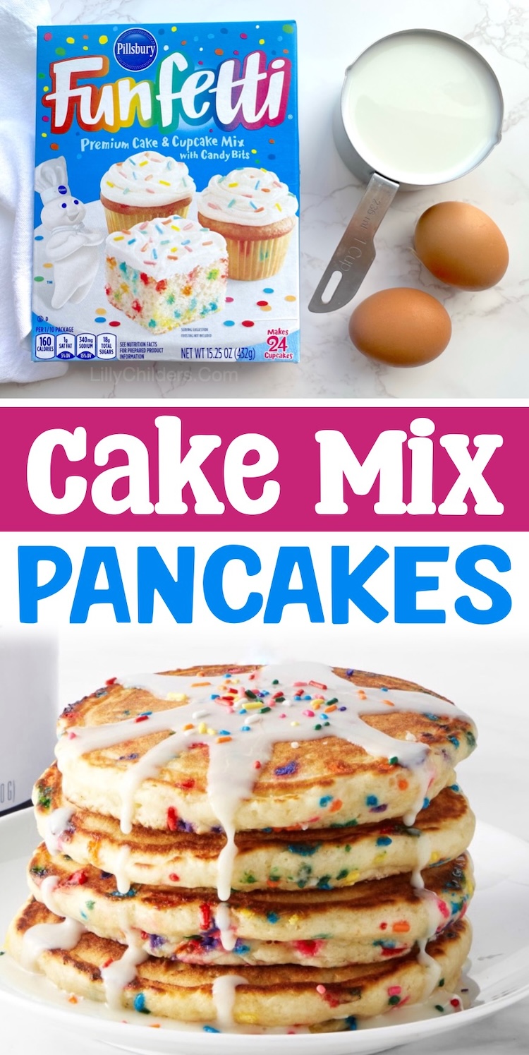 These cake mix pancakes are so fun to make in a variety of flavors! If you're looking for fun breakfast ideas for your kids, try these sweet and fluffy pancakes made with a box of Duncan Hines or Betty Crocker cake mix. They are perfect for birthdays, holidays, slumber parties, and special occasions. Just 3 ingredients needed!