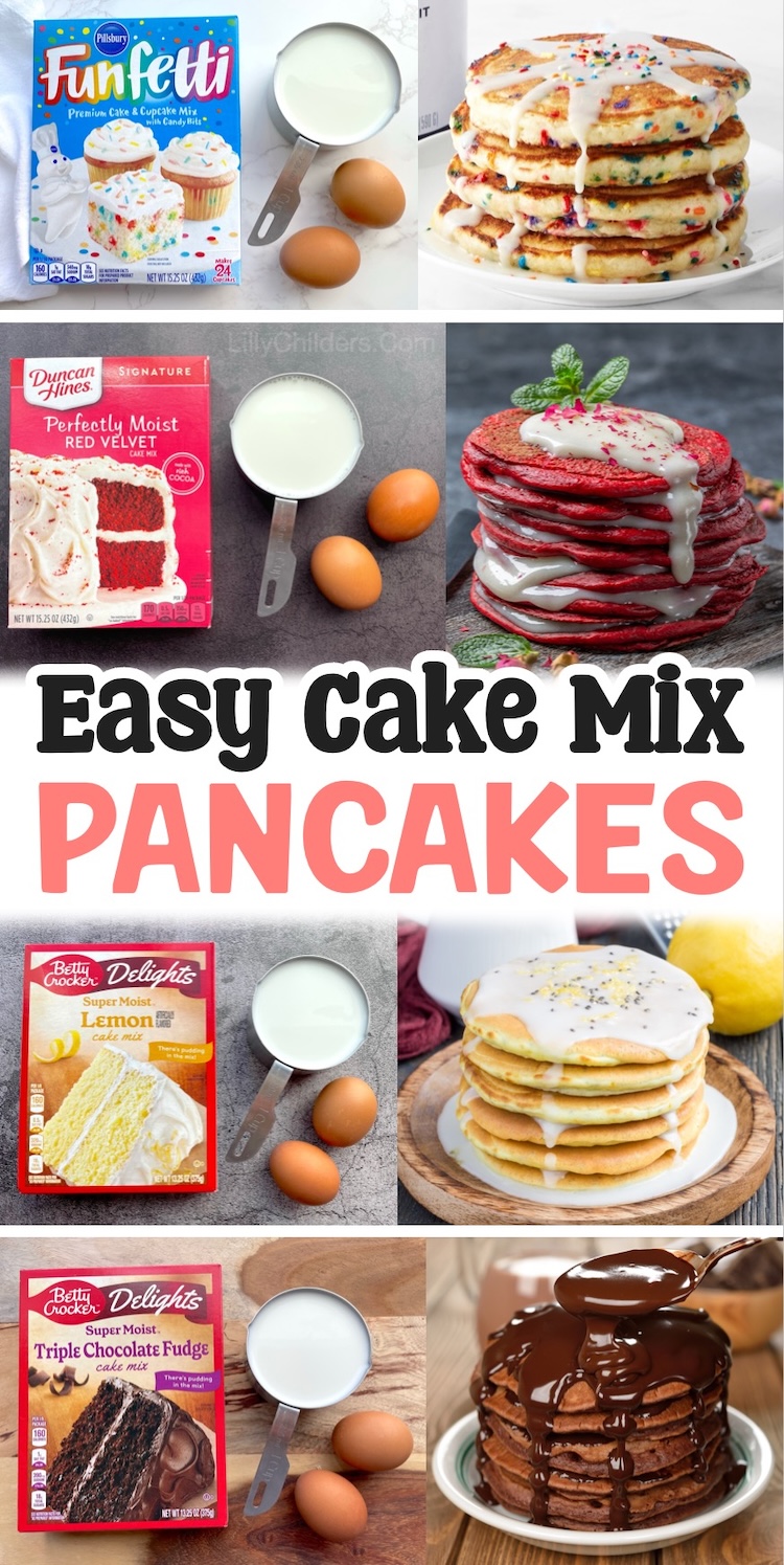 How to make pancakes with a box of cake mix with just milk and eggs! This easy breakfast is great for special occasions, birthday, holidays, slumber parties, family gatherings, and more. A sweet and delicious breakfast your kids will love!