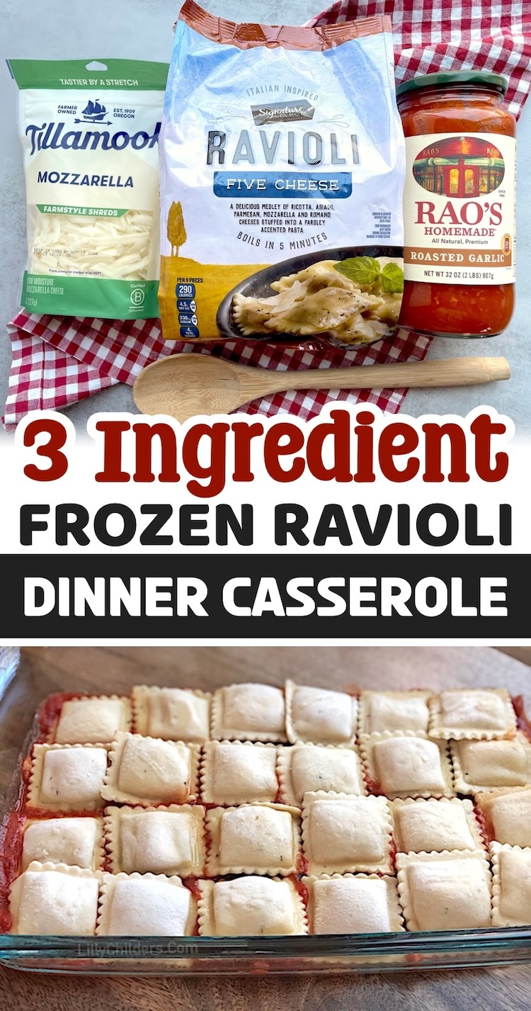 This 3 ingredient dinner is a life saver on busy school nights! Also known as "Lazy Lasagna", this baked frozen ravioli dinner casserole is so simple to make and your picky eaters are sure to love it! It's customizable, budget friendly, and made with just a few pantry and freezer stapes. 