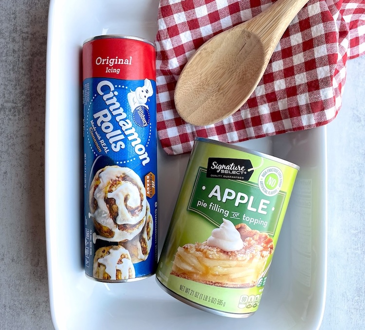 Yummy apple cobbler dessert made with cinnamon rolls! Just 2 ingredients needed to make this amazing sweet treat.