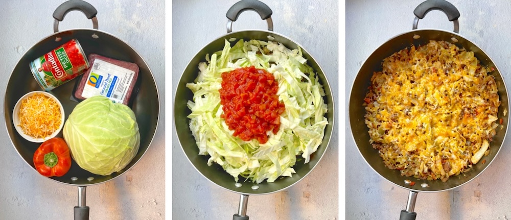 How to make unstuffed cabbage rolls in a skillet with ground beef. A healthy and easy low carb dinner recipe made in just one pot!