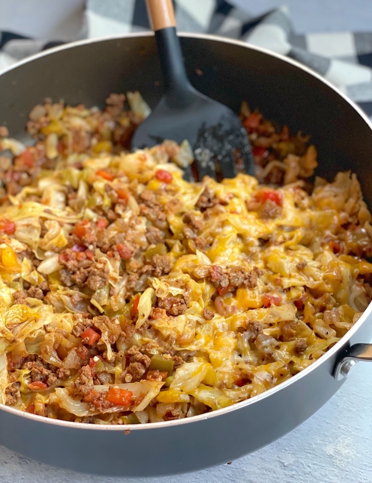 easy cheap low carb dinner made with cabbage and ground beef in a skillet.