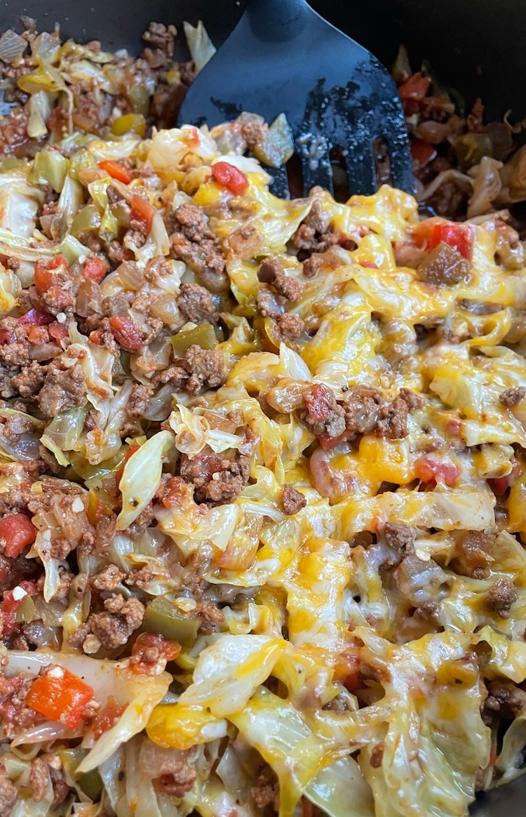 Healthy and delicious low carb dinner in a skillet made with cabbage and ground beef. 