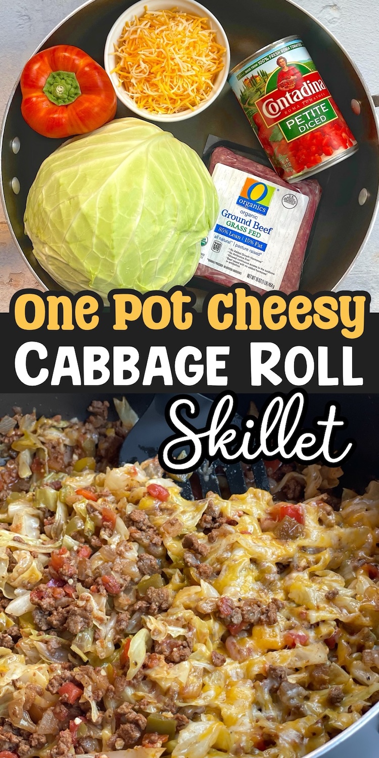 An easy, healthy, and low carb dinner recipe made with ground beef, a head of cabbage, shredded cheddar cheese, bell pepper, yellow onion, a can of diced tomatoes, and seasoning. All in ONE pan! This quick weeknight meal is so delicious and simple to make for a casual low carb dinner at home any night of the week. It can be thrown together in less than 30 minutes with just a handful of budget ingredients. I'm not even on a keto diet, but we enjoy this healthy dinner so much. It's like cheesy comfort food without all of the guilt. 
